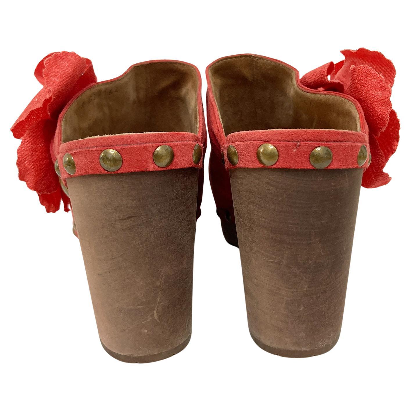 Women's Chanel Red Nubuck Wooden Clogs Poppy Camellia Flower sz 41.5