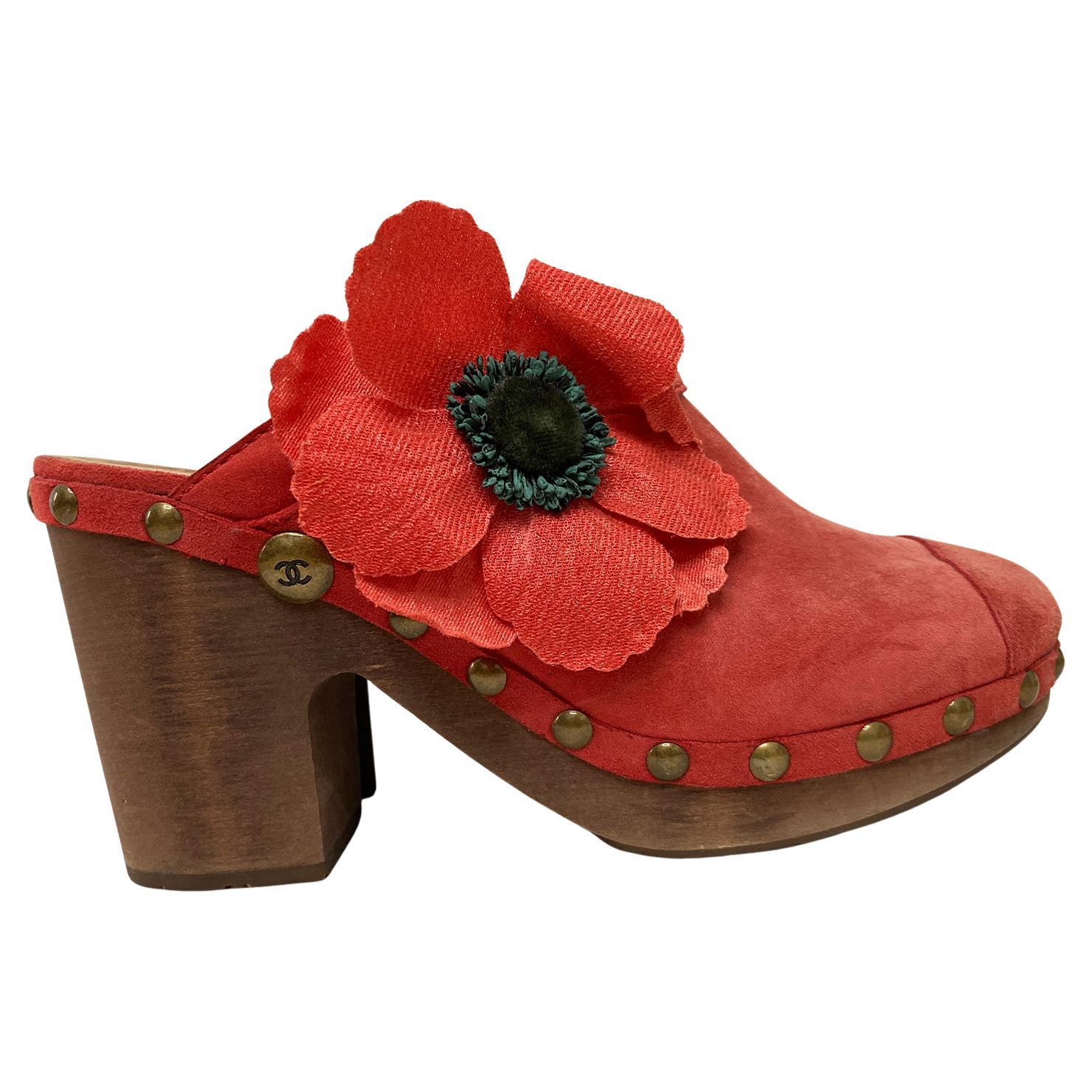 Chanel Red Nubuck Wooden Clogs Poppy Camellia Flower sz 41.5 1