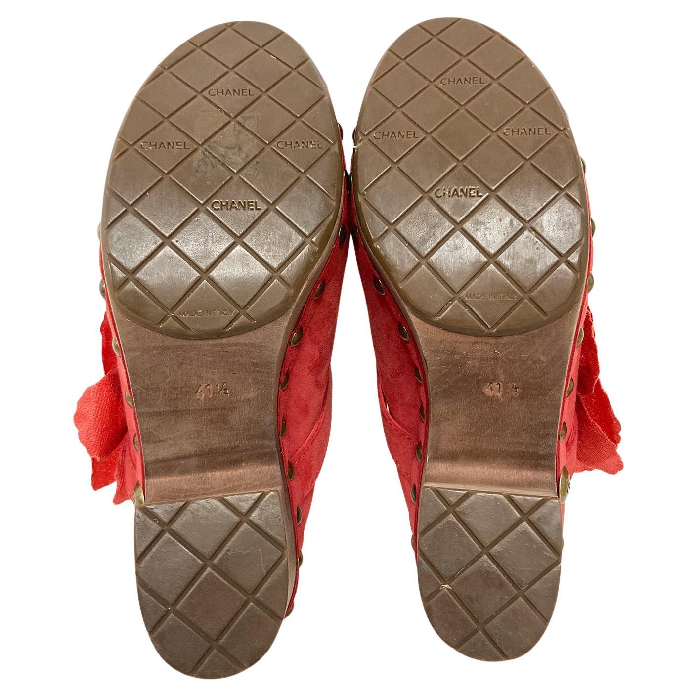 Chanel Red Nubuck Wooden Clogs Poppy Camellia Flower sz 41.5 2
