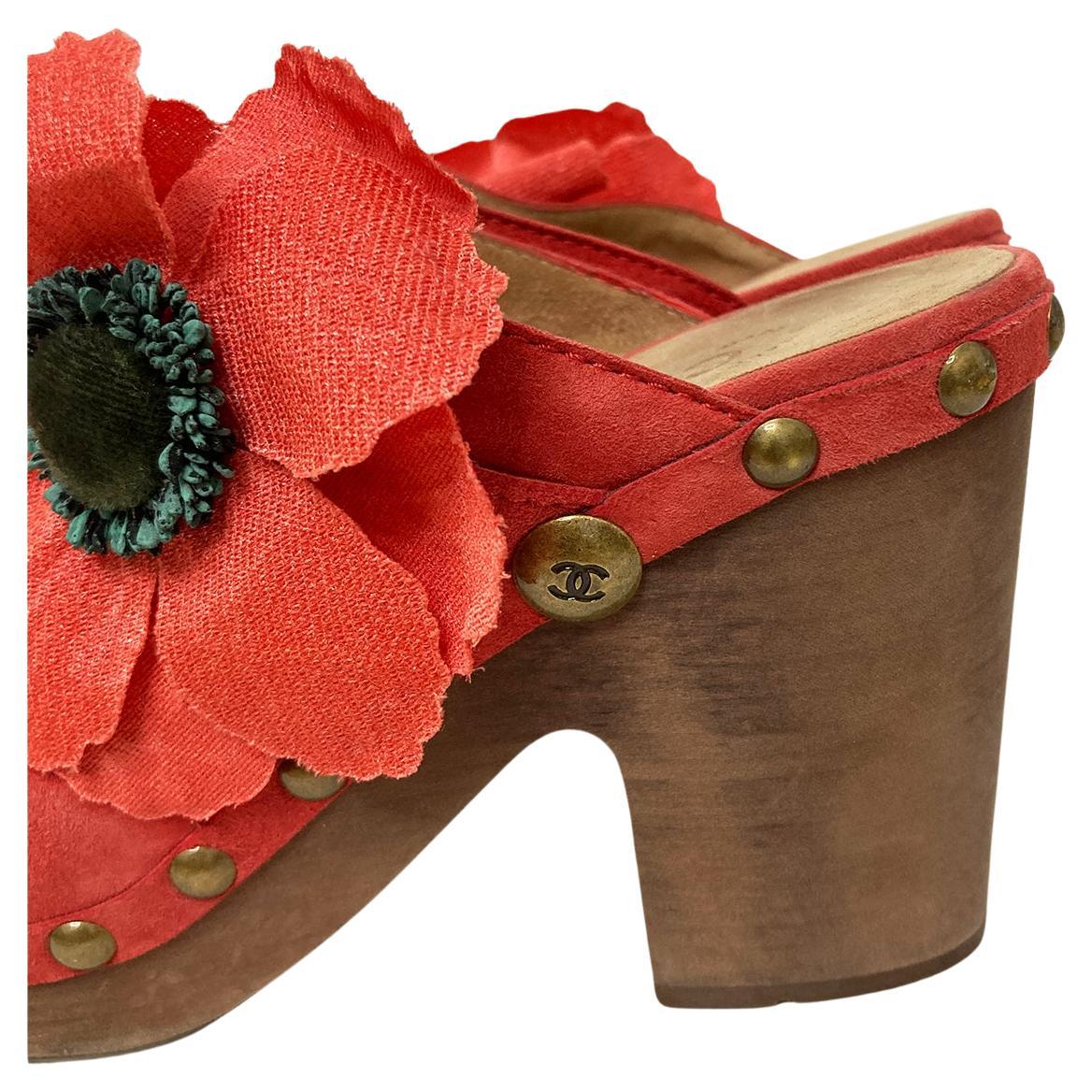 Chanel Red Nubuck Wooden Clogs Poppy Camellia Flower sz 41.5 3