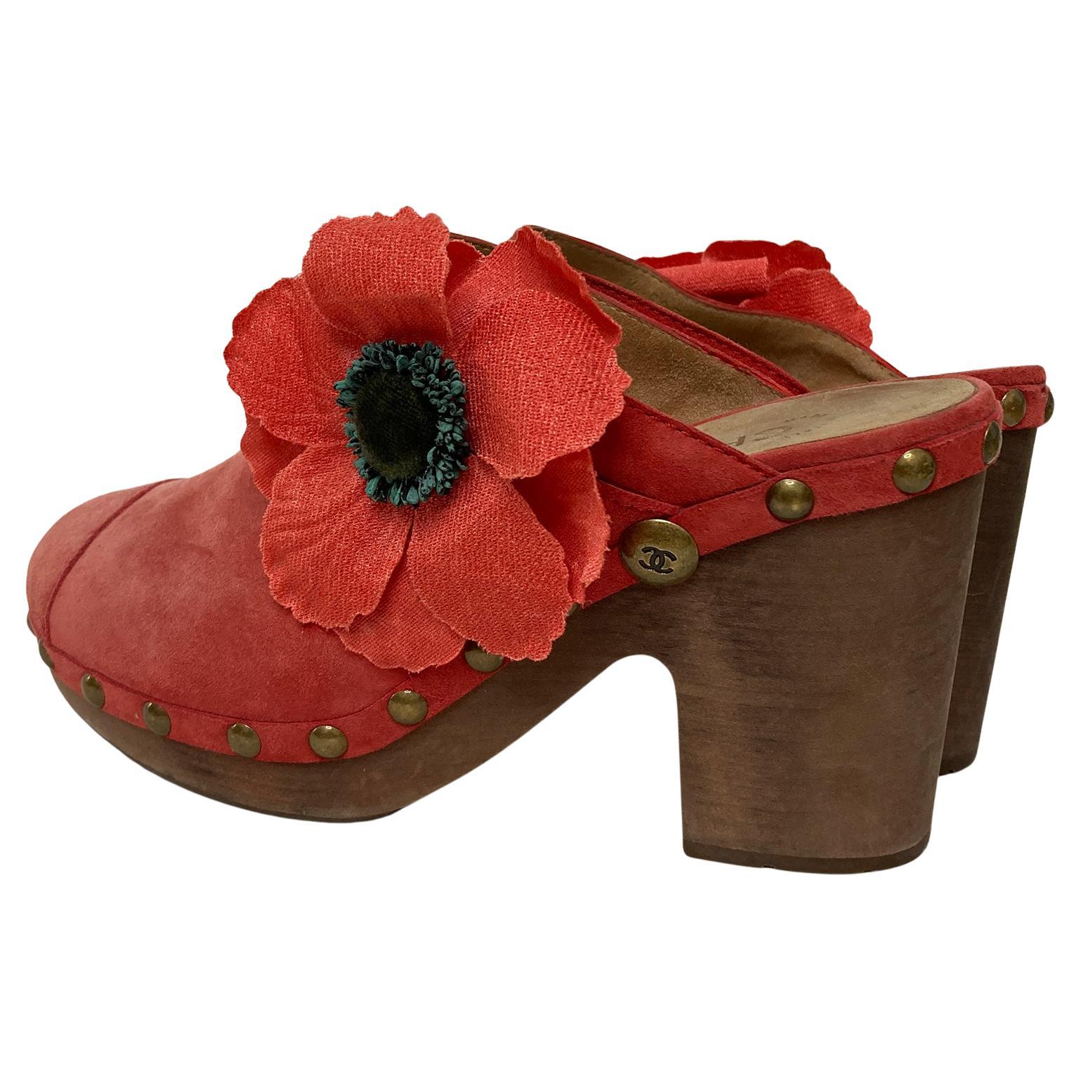 Chanel Red Nubuck Wooden Clogs Poppy Camellia Flower sz 41.5 4