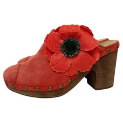 Chanel Red Nubuck Wooden Clogs Poppy Camellia Flower sz 41.5