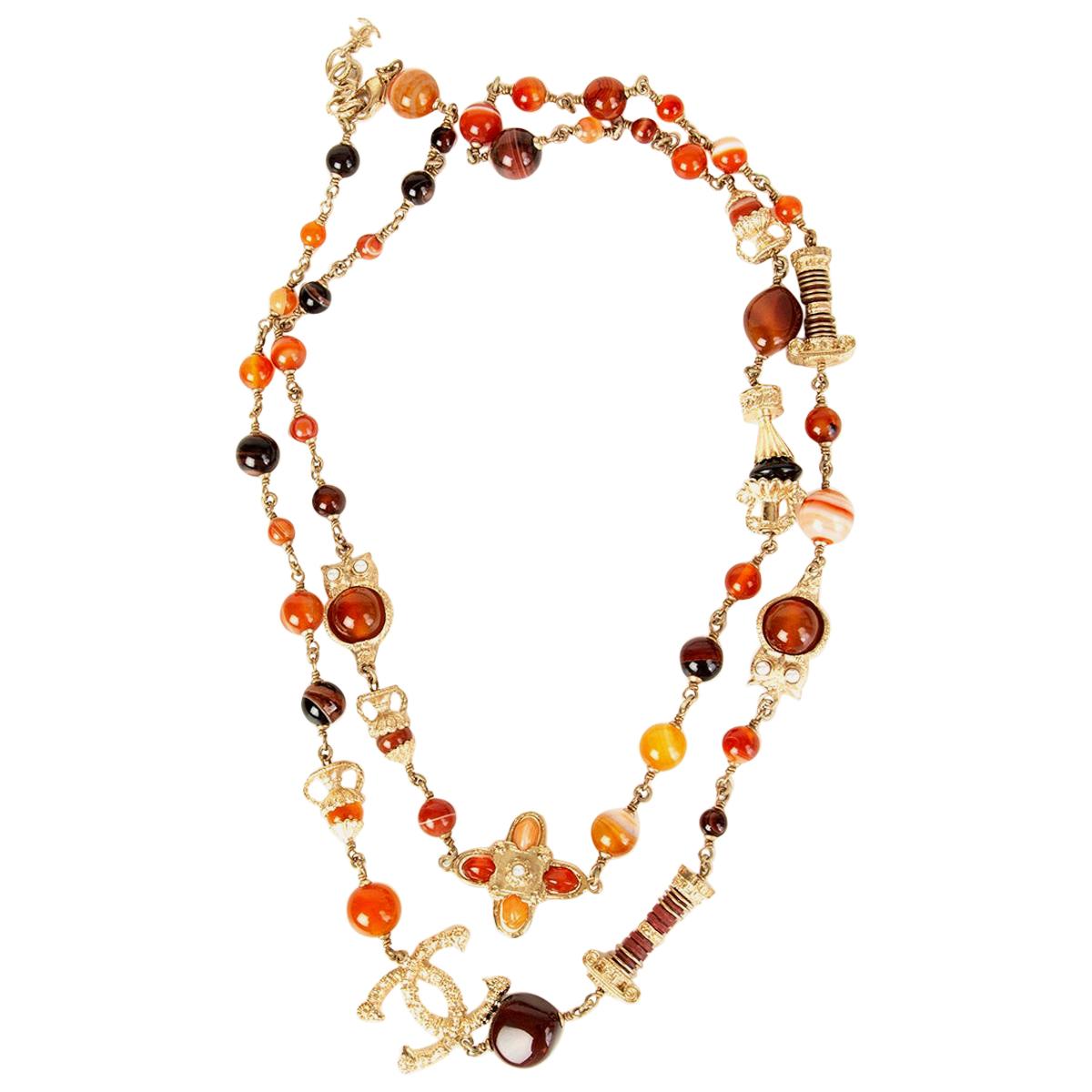 CHANEL red orange BEADED PARIS-GREECE RUNWAY Necklace