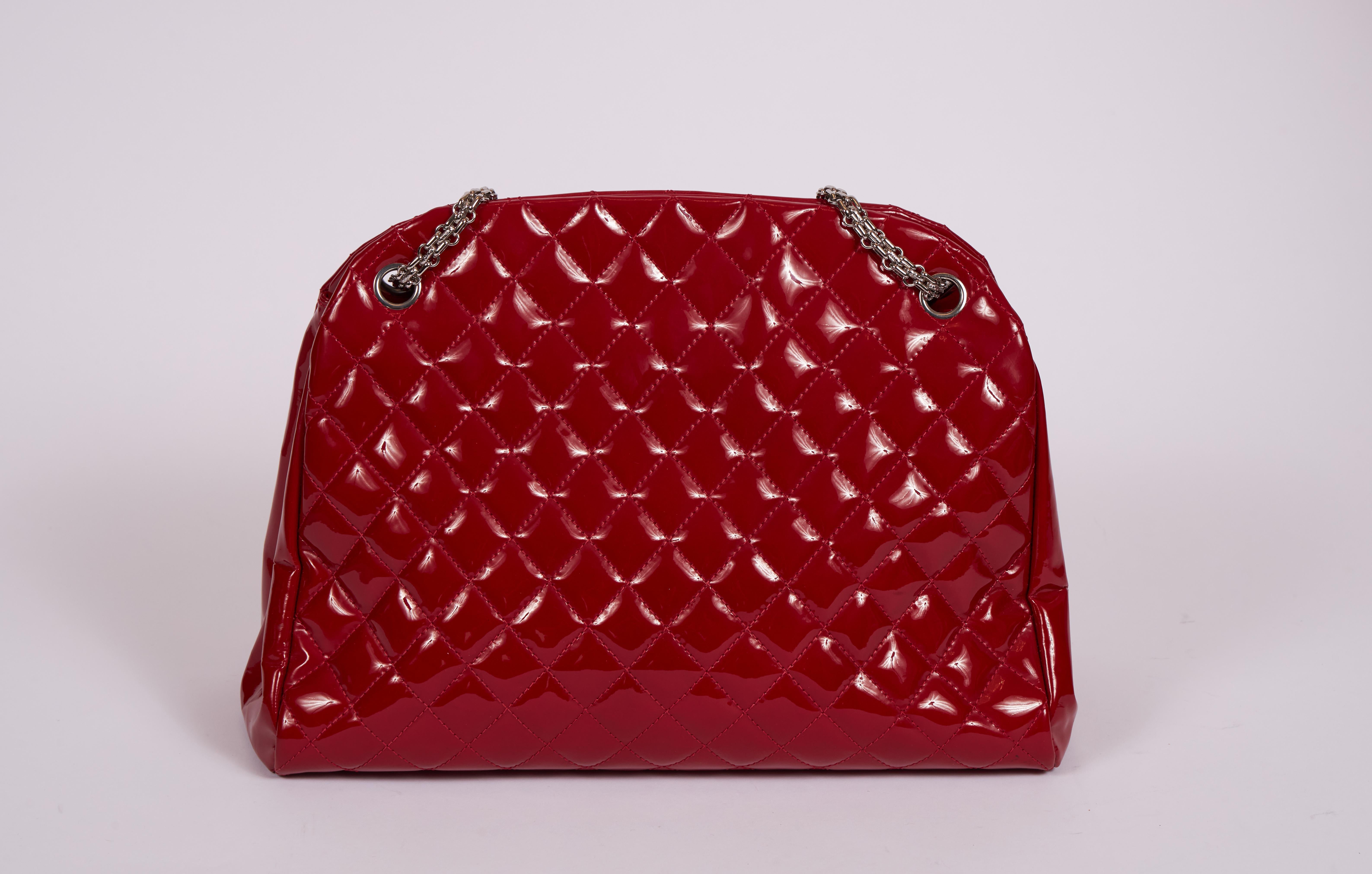 Chanel red patent quilted leather large mademoiselle bag. Ruthenium hardware. Shoulder drop 8