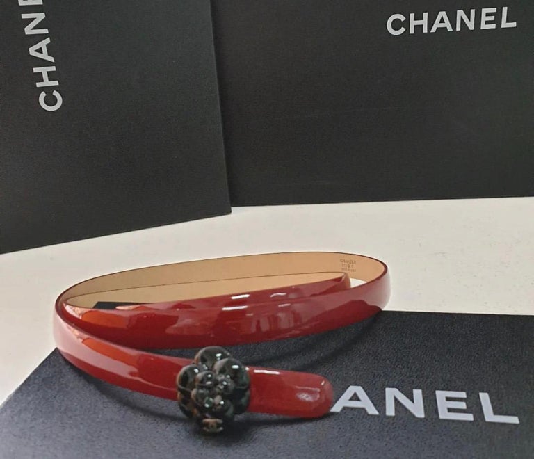Chanel Red Patent Leather Camellia Skinny Belt at 1stDibs