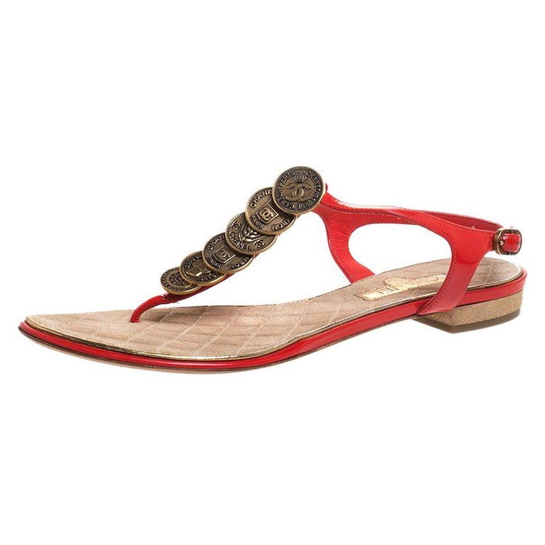 CHANEL, Shoes, Beautiful Chanel Red Thong Flat Sandals With Gold Cc Logo  Size 355 2