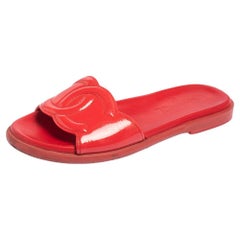 Chanel Red Patent Leather CC Flat Slides Size 36.5