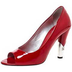 Chanel Red Patent Leather CC Heel Peep Toe Pumps Size 39