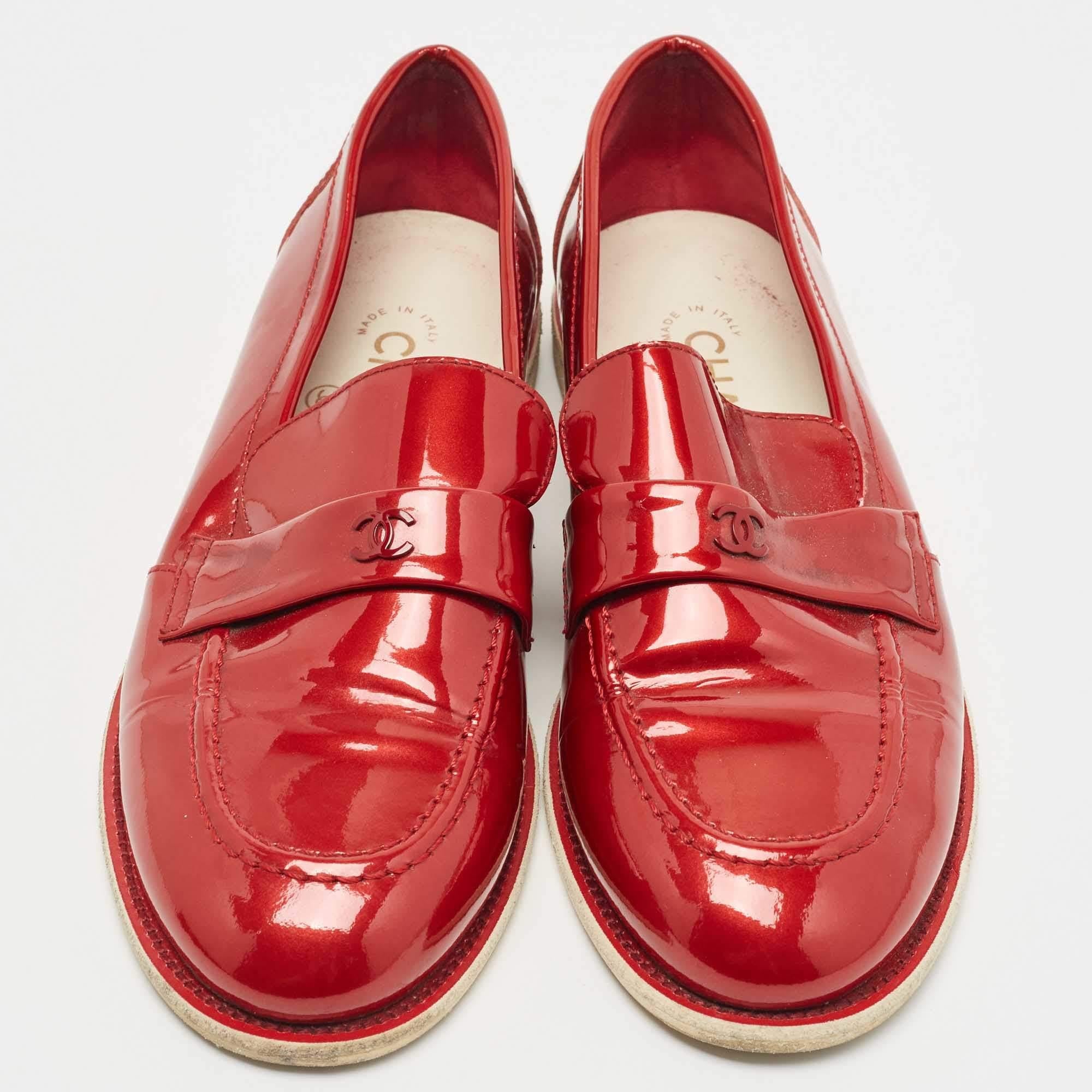 Women's Chanel Red Patent Leather CC Loafers Size 37.5