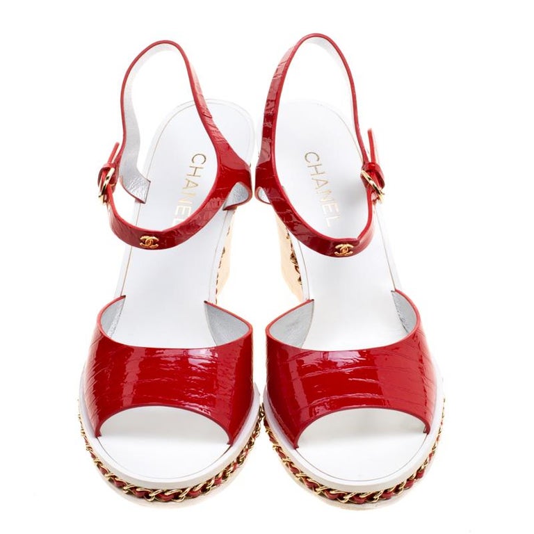 Chanel Red Patent Leather Chain Detail Ankle Strap Wedge Sandals Size ...