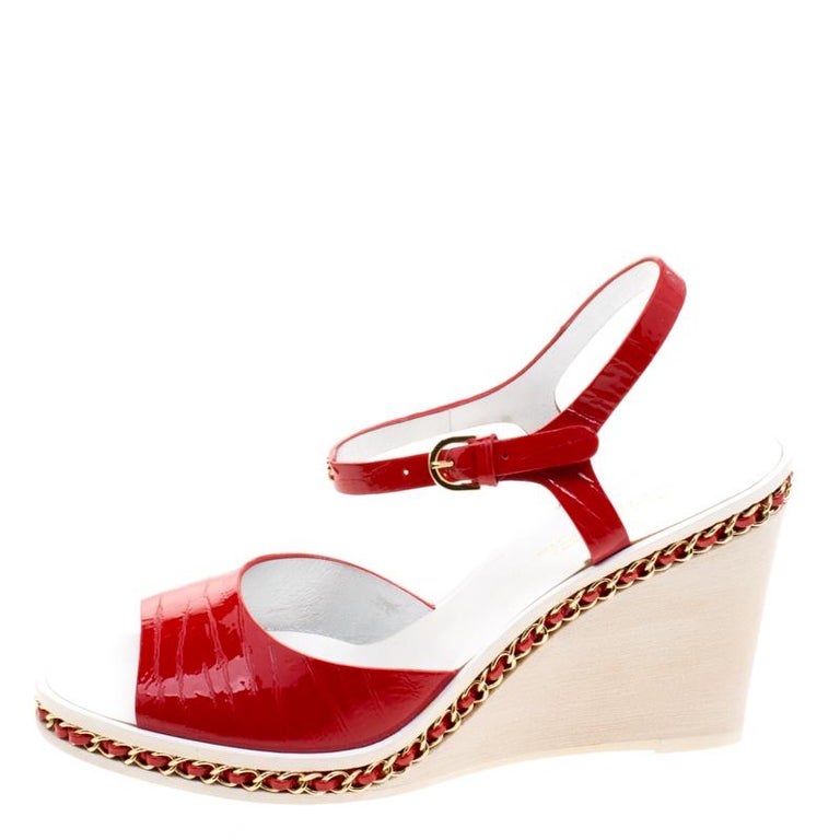Chanel Red Patent Leather Chain Detail Ankle Strap Wedge Sandals Size ...