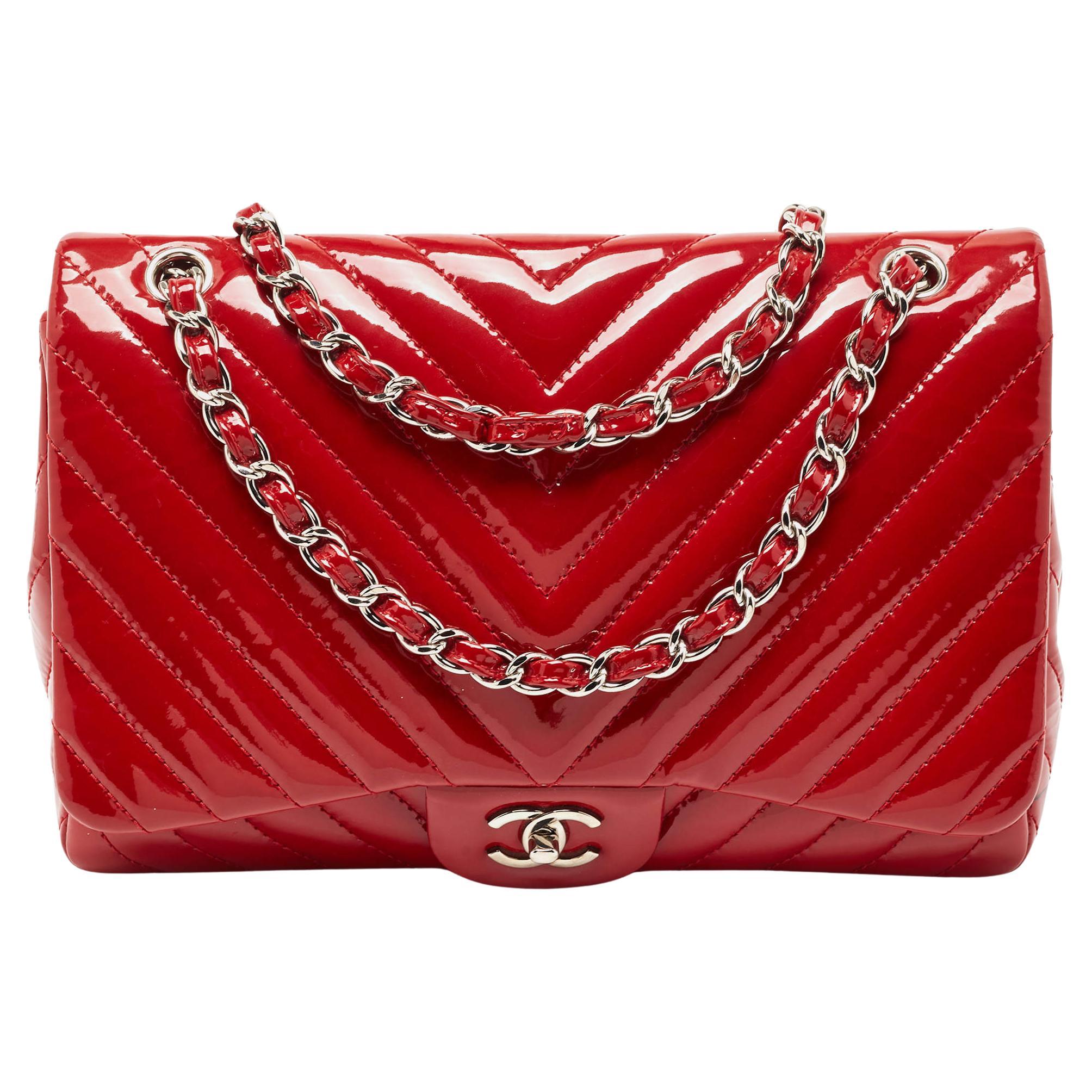 Chanel Red Patent Leather Chevron Jumbo Classic Flap Bag For Sale