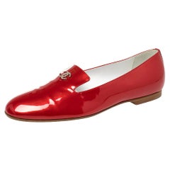 Chanel Red Patent Leather Crystal CC Slip On Loafers Size 39.5