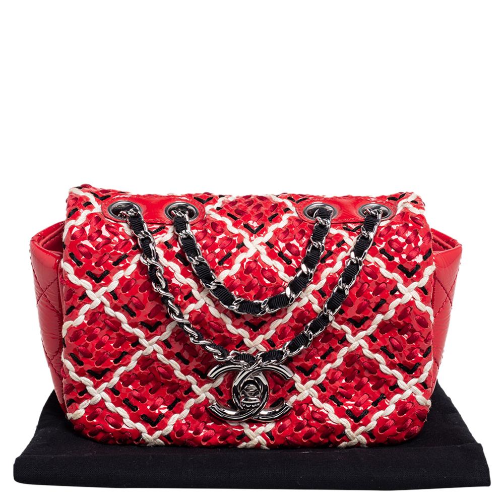 Chanel Red Patent Leather Woven Fabric Diamond Stitch CC Flap Shoulder Bag 10