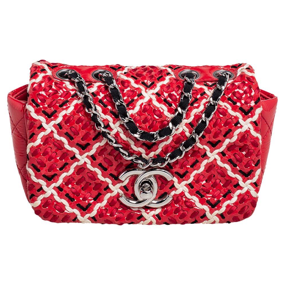 Chanel Red Patent Leather Woven Fabric Diamond Stitch CC Flap Shoulder Bag