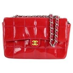 Vintage Chanel Red Patent Mini Classic Flap Silver Chain Bag 1ccs1228