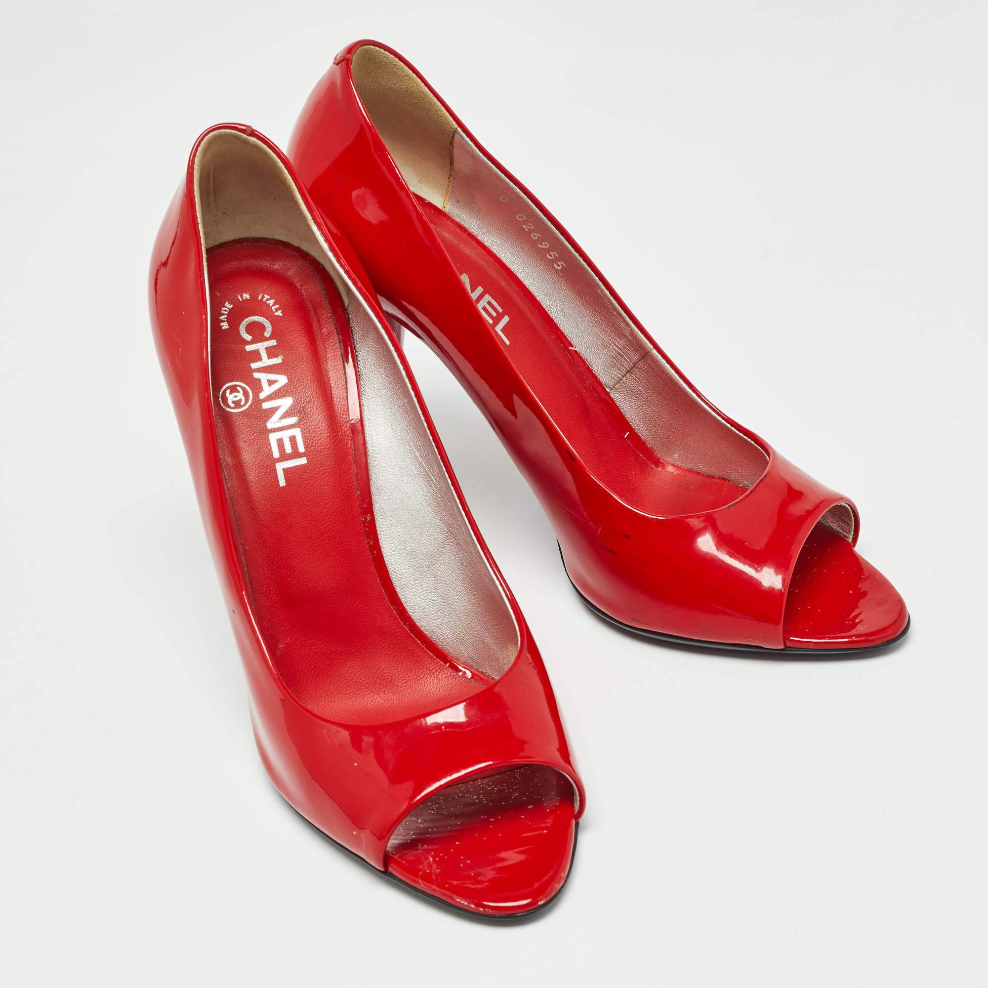 Women's Chanel Red Patent Peep Toe Pumps Size40