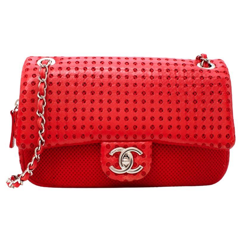 Chanel Red Perforated Leather & Airtex CC Logo Flap Bag For Sale