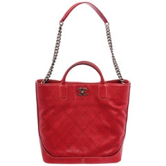 Chanel Red Perforated Quilted Caviar Leather Two-Way Chain Tote Shoulder Bag