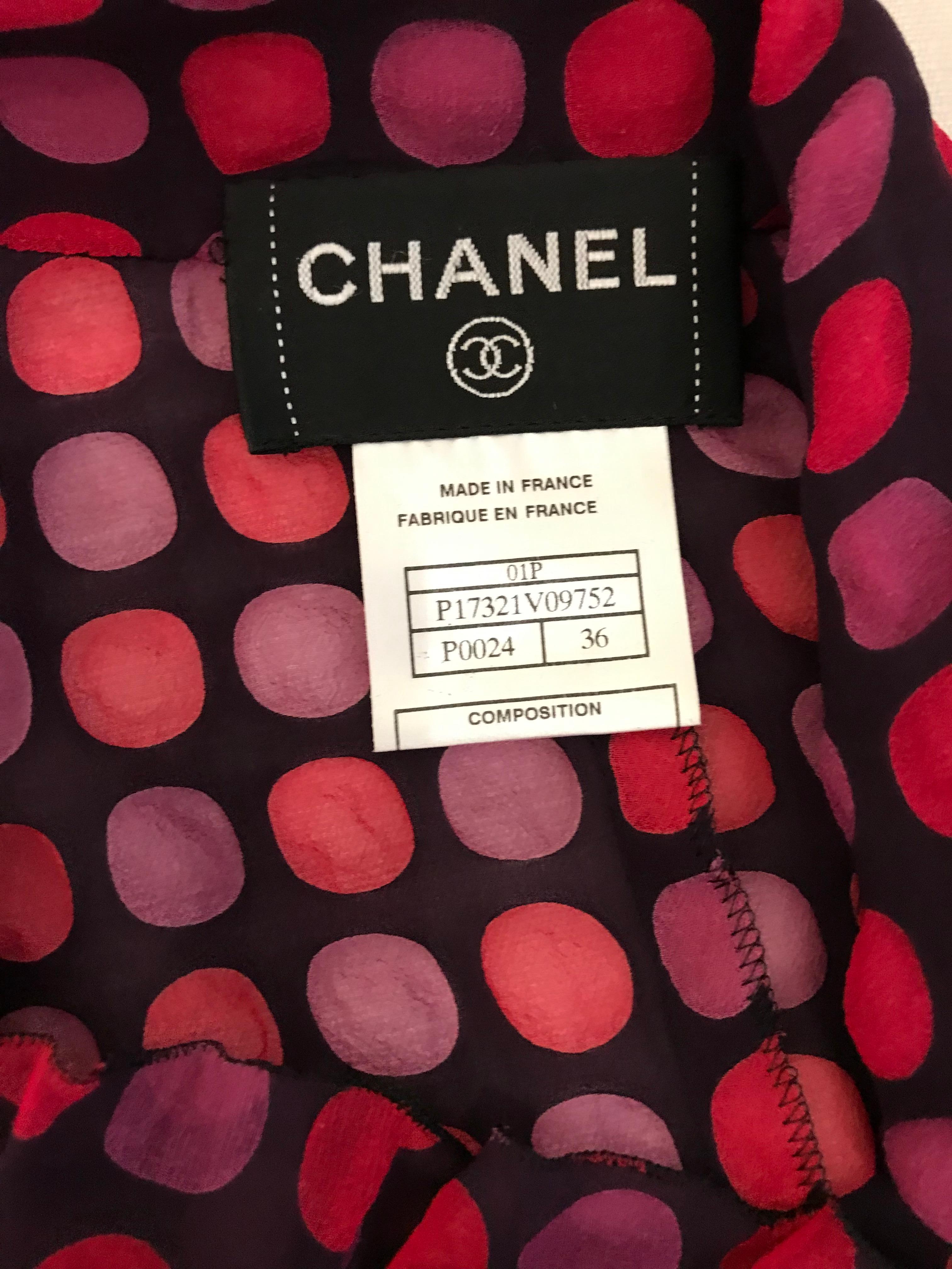 Chanel Red, Pink and Purple Polkadot Silk Blouse and Skirt set In Good Condition In Beverly Hills, CA