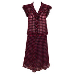 Chanel Red, Pink and Purple Polkadot Silk Blouse and Skirt set at 1stDibs