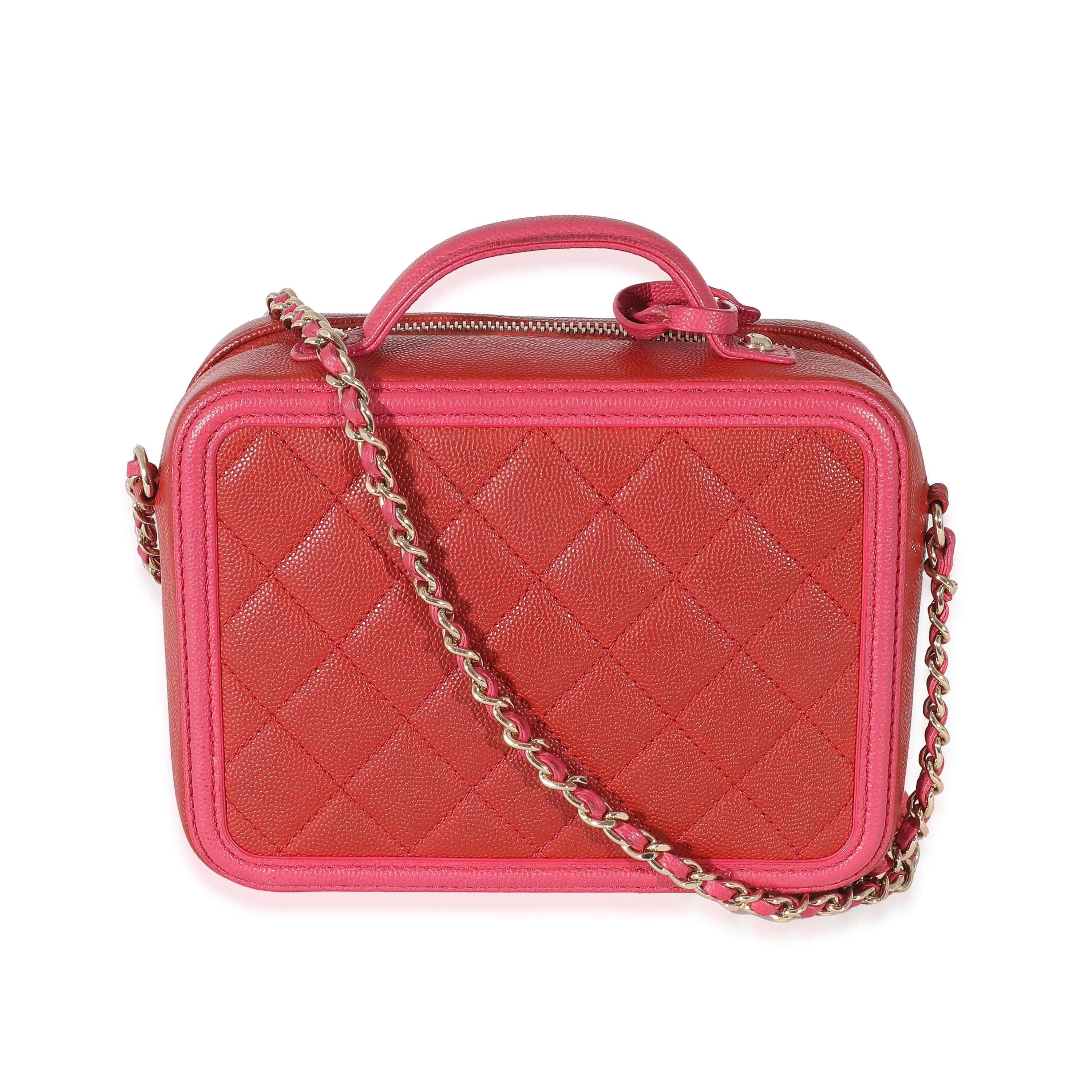 Chanel Red Pink Caviar Mini Filigree Vanity Case In Excellent Condition In New York, NY