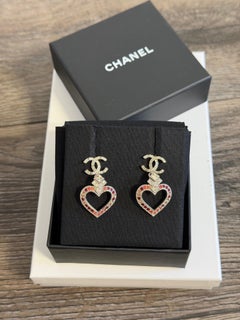 Chanel Red Pink Crystal CC Heart Dangle Silver Earrings