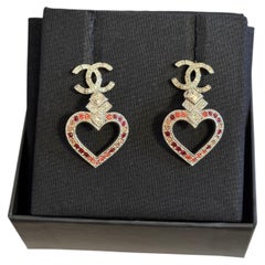 Chanel Red Pink Crystal CC Heart Dangle Silver Earrings