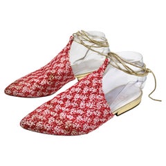 Chanel Red & Pink Tweed Sequins Babouche Ankle Wrap Flat Mules