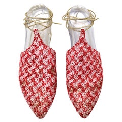 Chanel Red & Pink Tweed Sequins Babouche Ankle Wrap Flat Mules