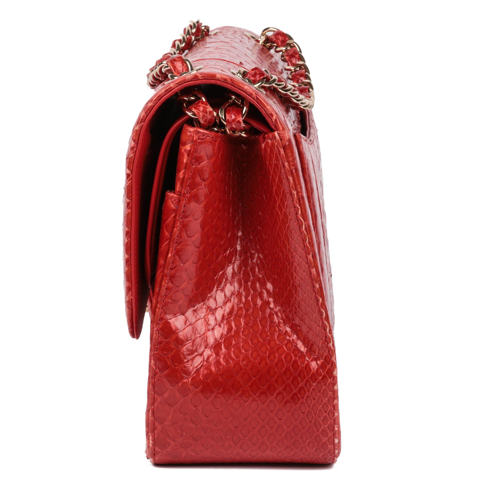 CHANEL Red Python Leather Jumbo Classic Double Flap Bag  In Good Condition In Bishop's Stortford, Hertfordshire