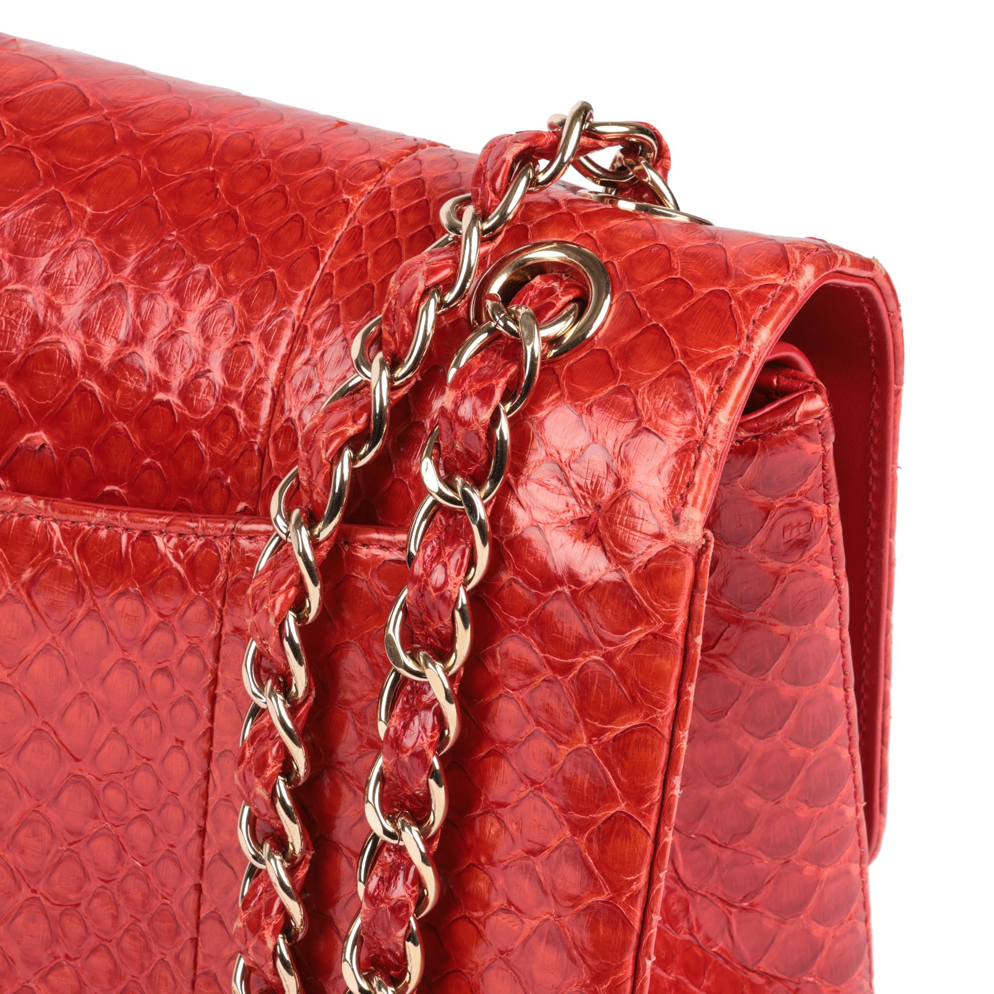 CHANEL Red Python Leather Jumbo Classic Double Flap Bag  2