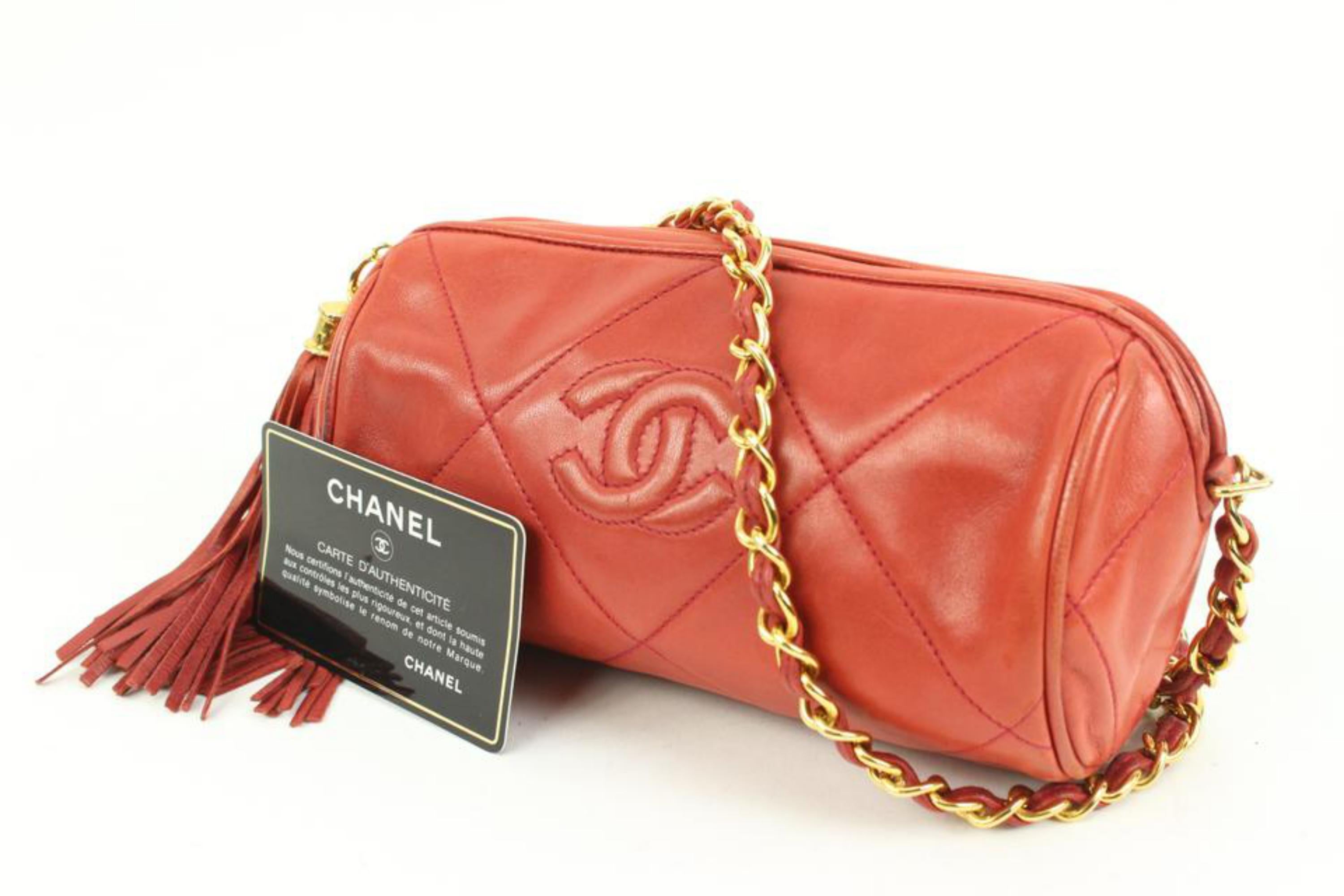 Chanel Red Quilted Barrel Fringe Tassel Round Crossbody 45ck7
Date Code/Serial Number: 0749832
Made In: Italy
Measurements: Length:  7