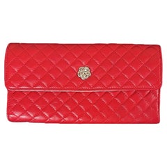 Chanel Red Quilted Camellia Wallet Clutch