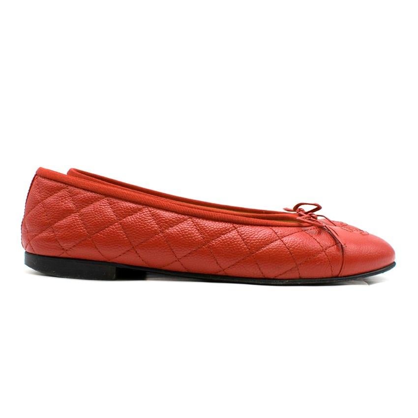 Chanel Red Quilted Leather Flats

- Red quilted caviar leather flats
- Slip-in style
- Logo embroidered at the vamp, and thin bow tie detailing
- Beige leather lining with logo embroidered
- 10mm heel

Please note, these items are pre-owned and may