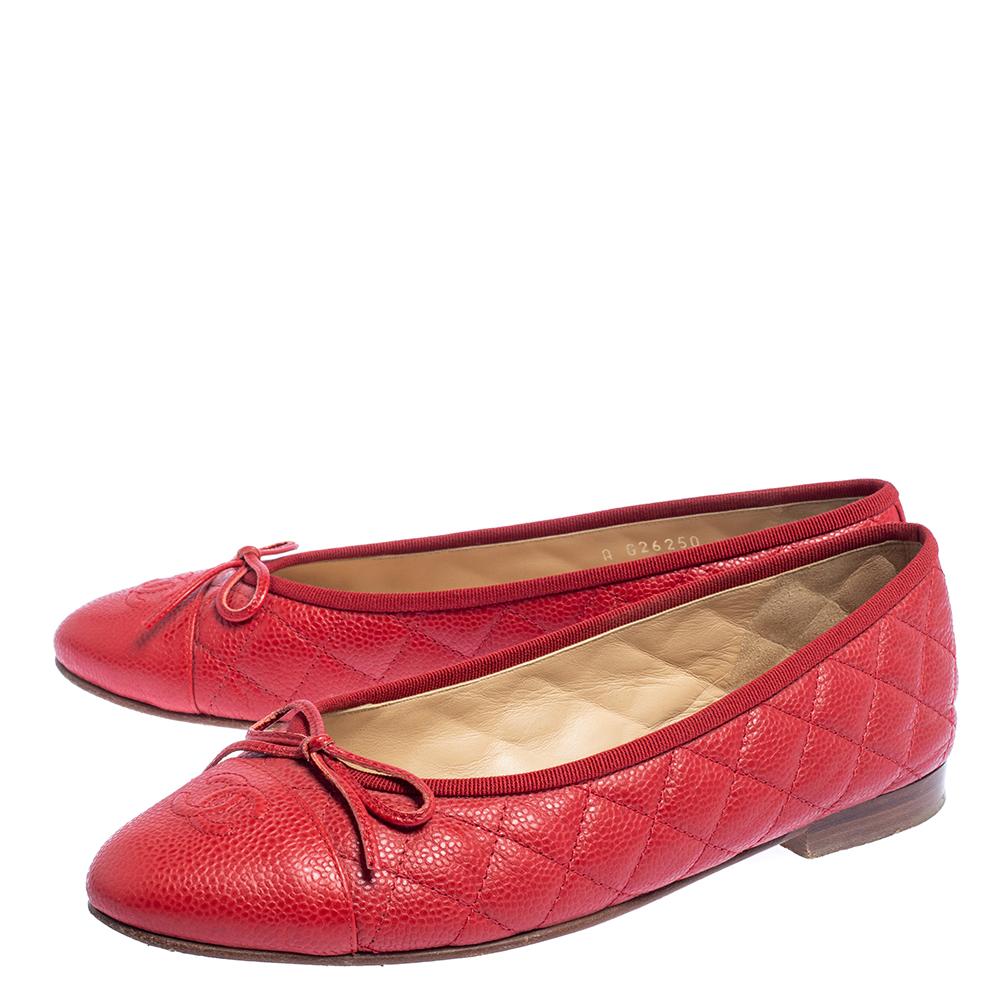 Chanel Red Quilted Caviar Leather CC Bow Ballet Flats Size 39 1