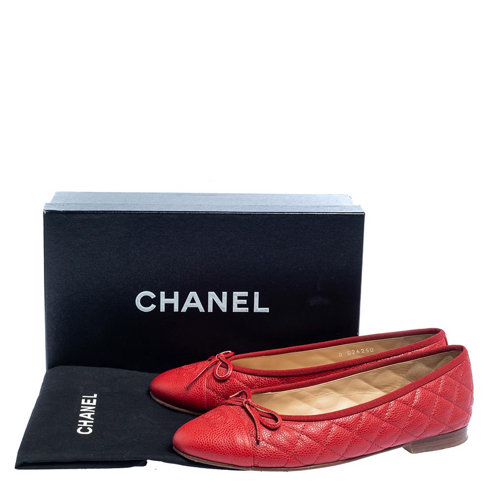 Chanel Red Quilted Caviar Leather CC Bow Ballet Flats Size 39 2