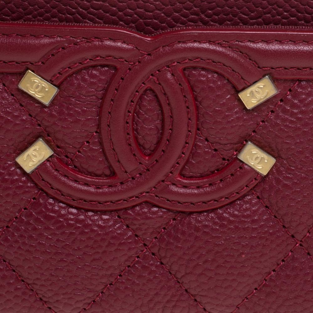 Brown Chanel Red Quilted Caviar Leather CC Filigree Card Holder