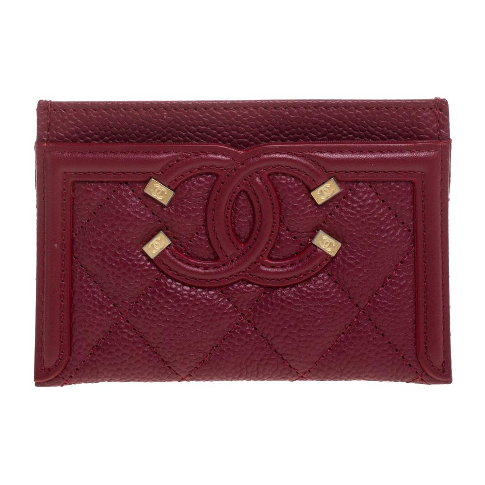 Chanel Red Quilted Caviar Leather CC Filigree Card Holder at 1stDibs