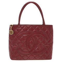 Chanel Red Quilted Caviar Leather CC Medallion Tote