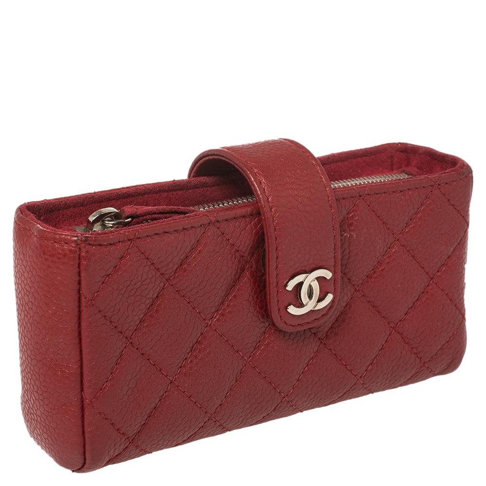 Brown Chanel Red Quilted Caviar Leather CC Phone Pouch