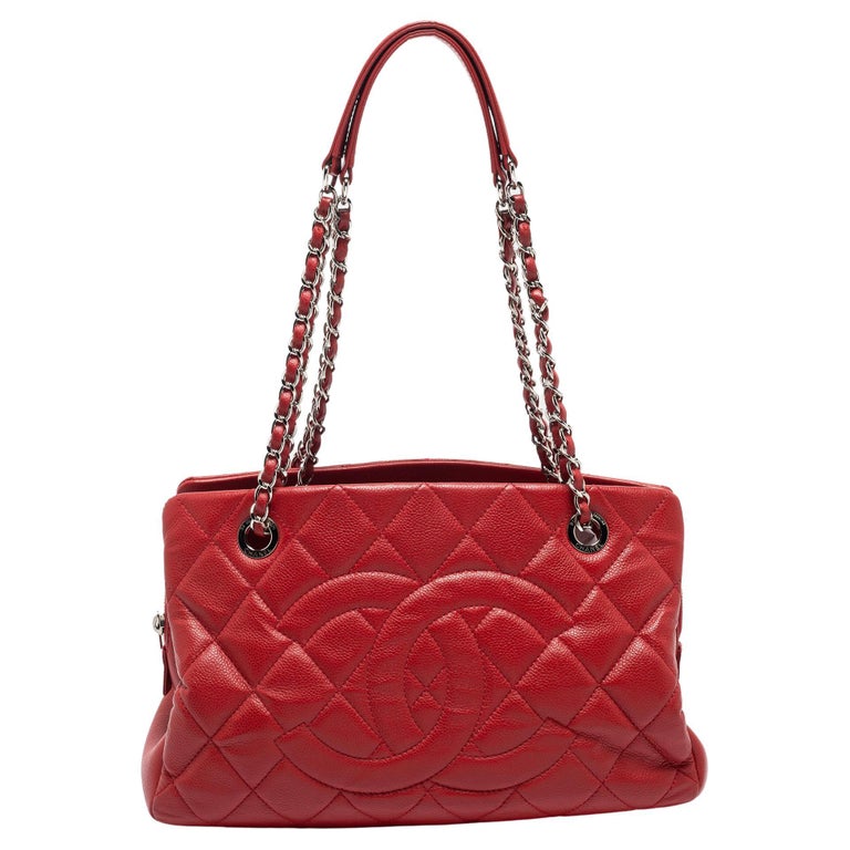 Chanel Red Quilted Caviar Leather CC Timeless Tote For Sale at 1stDibs