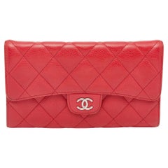 Chanel Red Quilted Caviar Leather Classic Flap Wallet