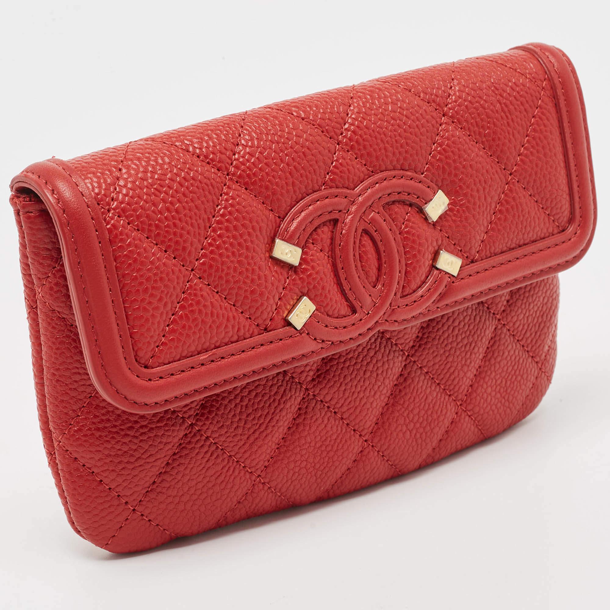 Chanel Red Quilted Caviar Leather Filigree Wallet 6