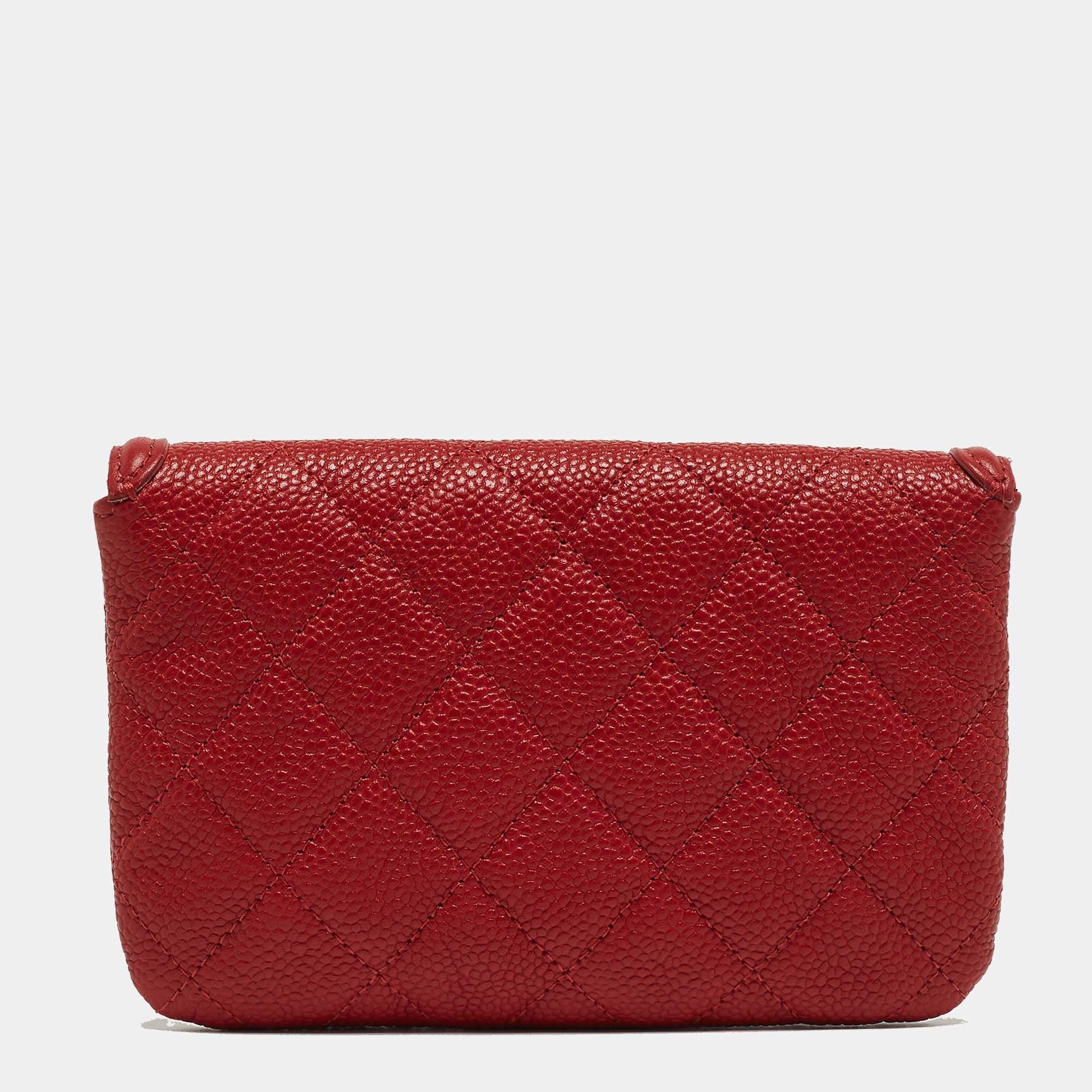 Women's Chanel Red Quilted Caviar Leather Filigree Wallet