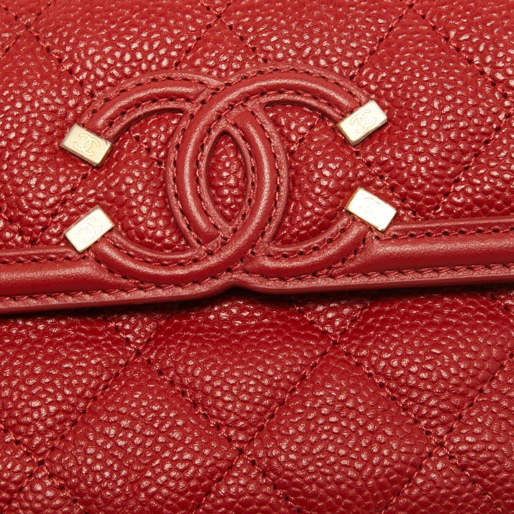 Chanel Red Quilted Caviar Leather Filigree Wallet 5