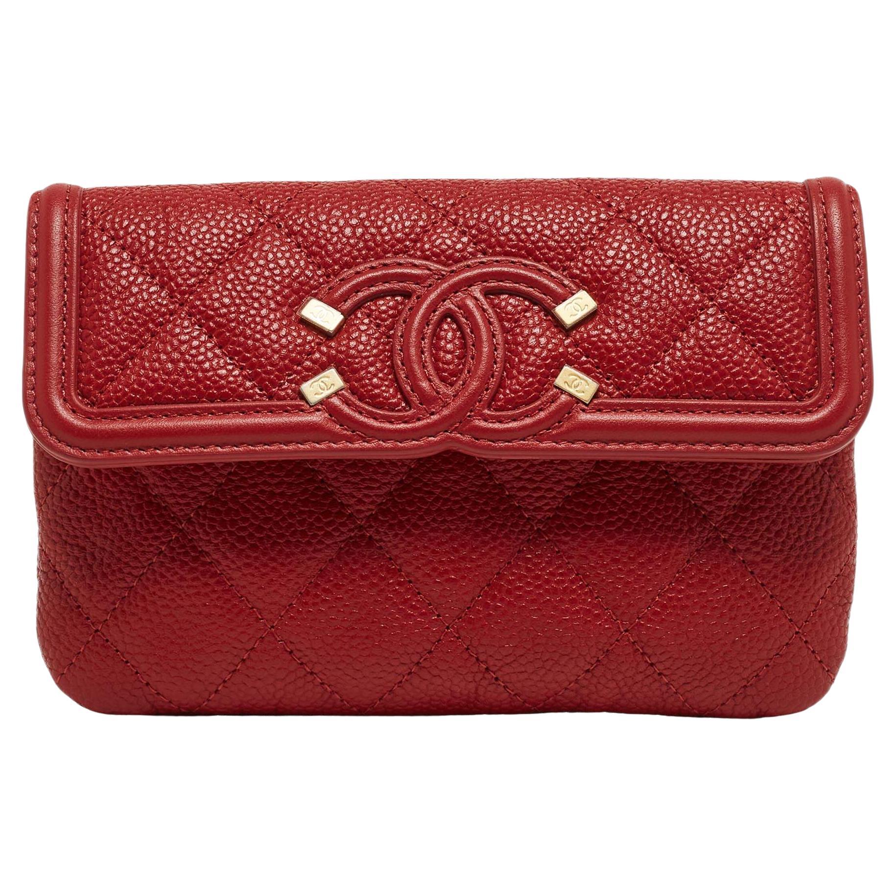 Chanel Red Quilted Caviar Leather Filigree Wallet For Sale