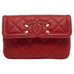 Used Chanel Red Quilted Caviar Leather Filigree Wallet