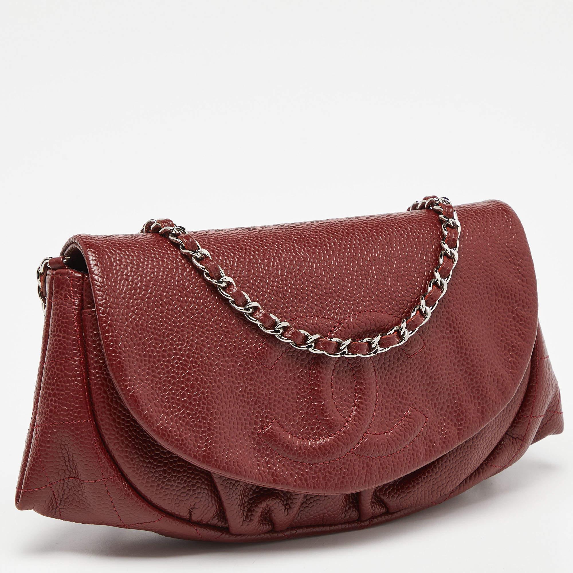 Chanel Red Quilted Caviar Leather Half Moon Wallet On Chain For Sale 5