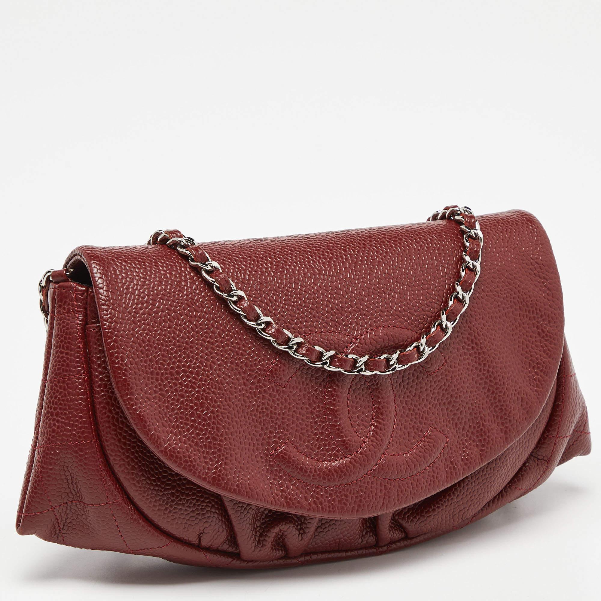 Chanel Red Quilted Caviar Leather Half Moon Wallet On Chain 4